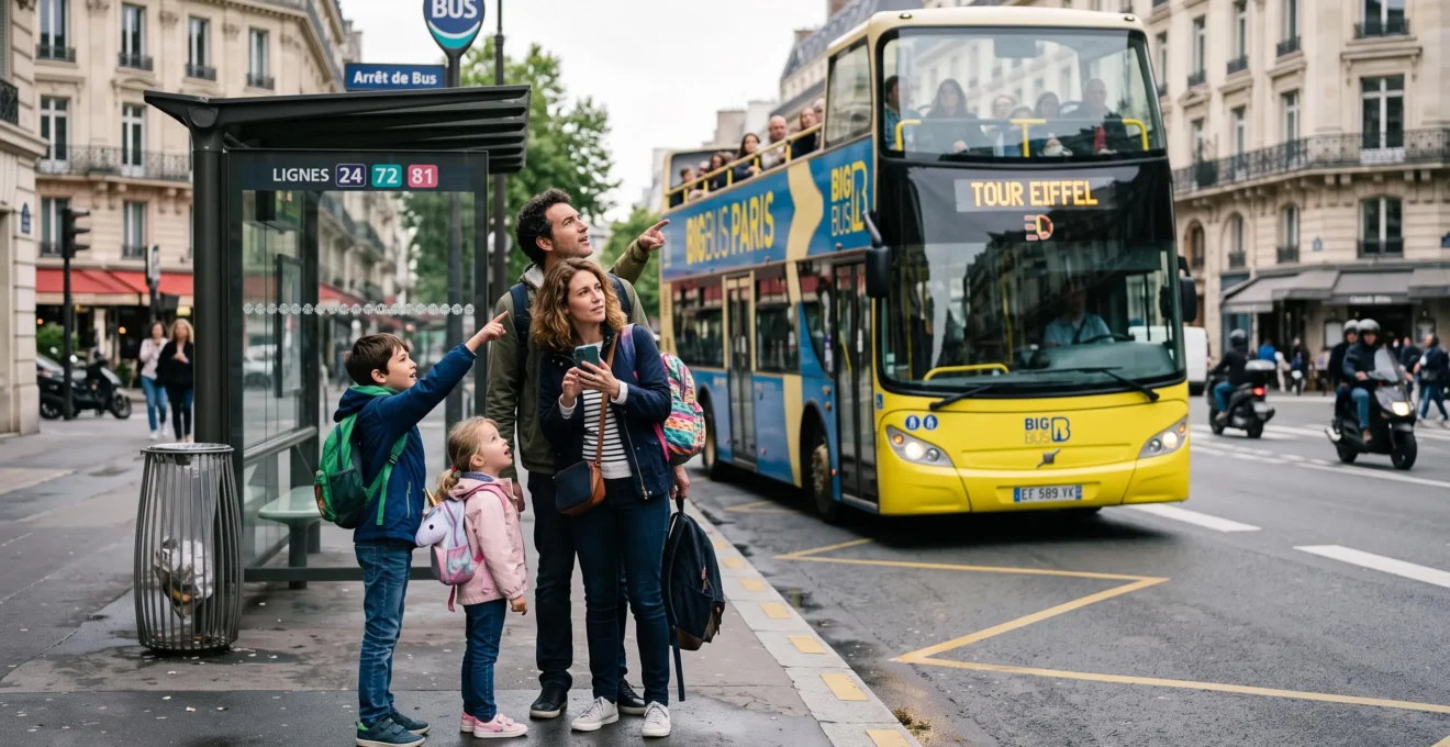 A family of two adults and two children waiting at a Paris bus stop as an open-top sightseeing bus approaches.