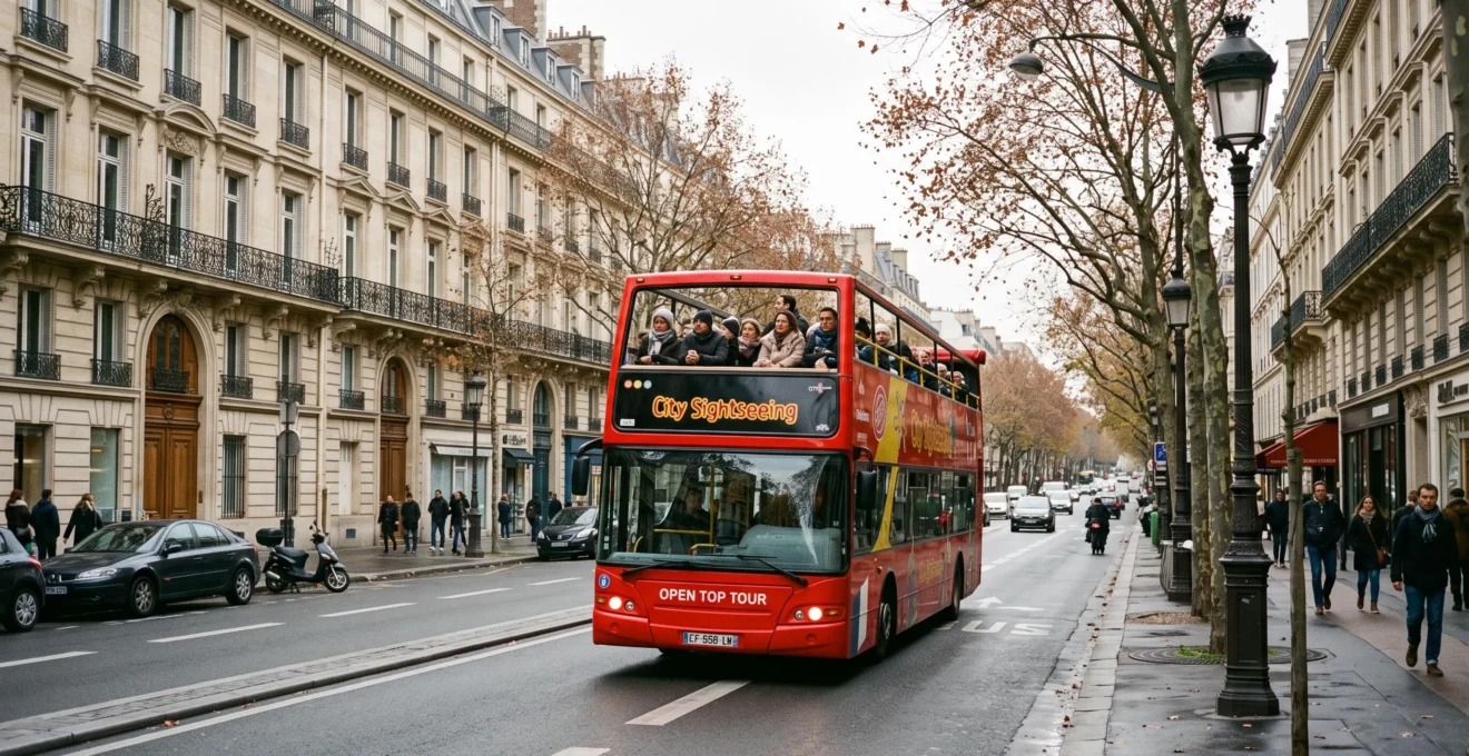 Open-top sightseeing bus with tourists on the upper deck driving along a wide Parisian avenue lined with stone buildings.