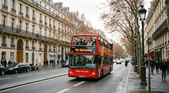 Open-top sightseeing bus with tourists on the upper deck driving along a wide Parisian avenue lined with stone buildings.