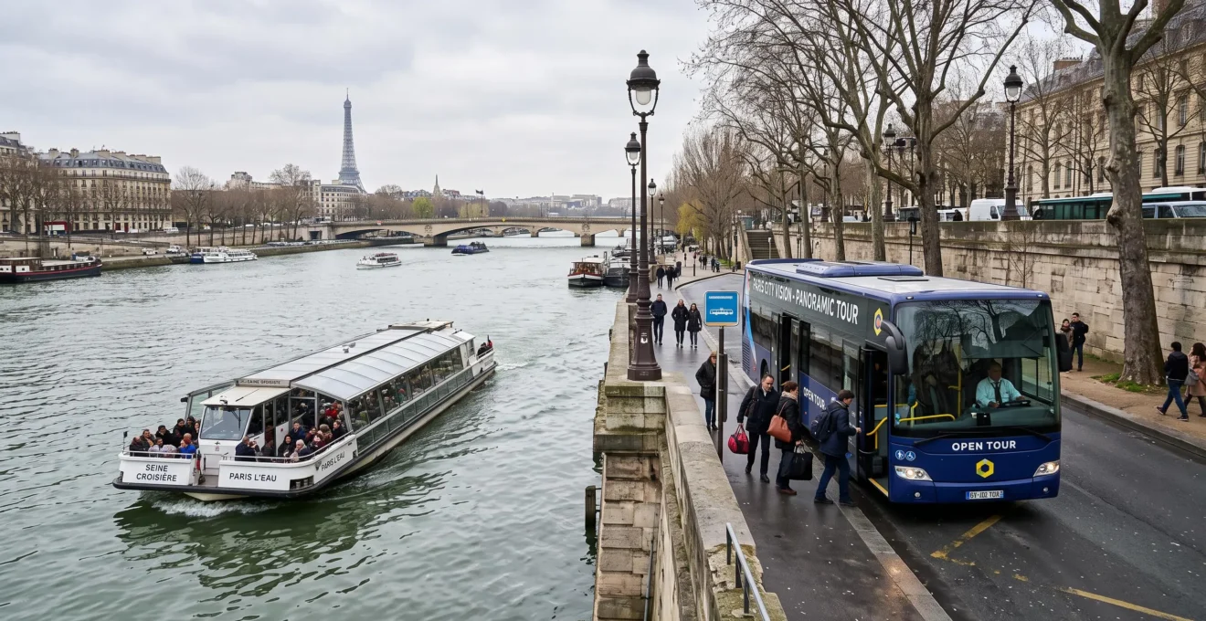 A river sightseeing boat on the Seine and a panoramic sightseeing coach on the Paris quay, shown together in one frame.