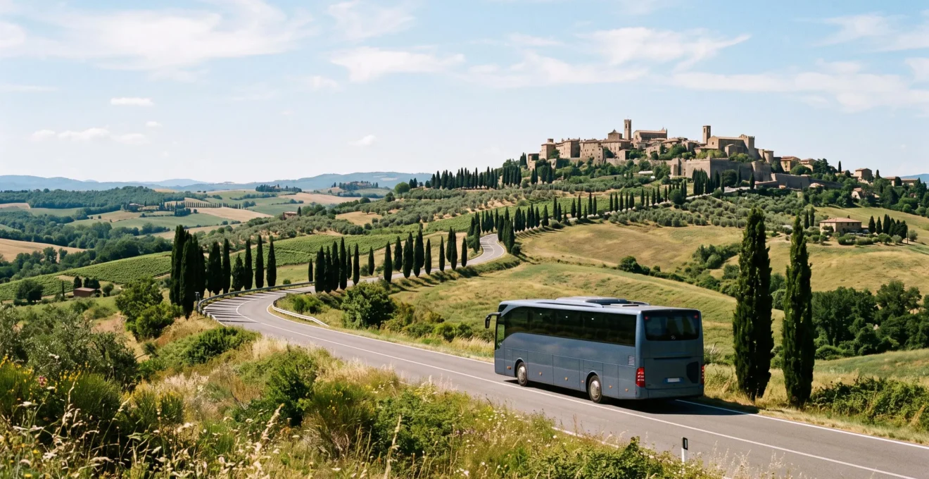 Coach traveling through the Tuscan countryside between Florence, Siena and San Gimignano
