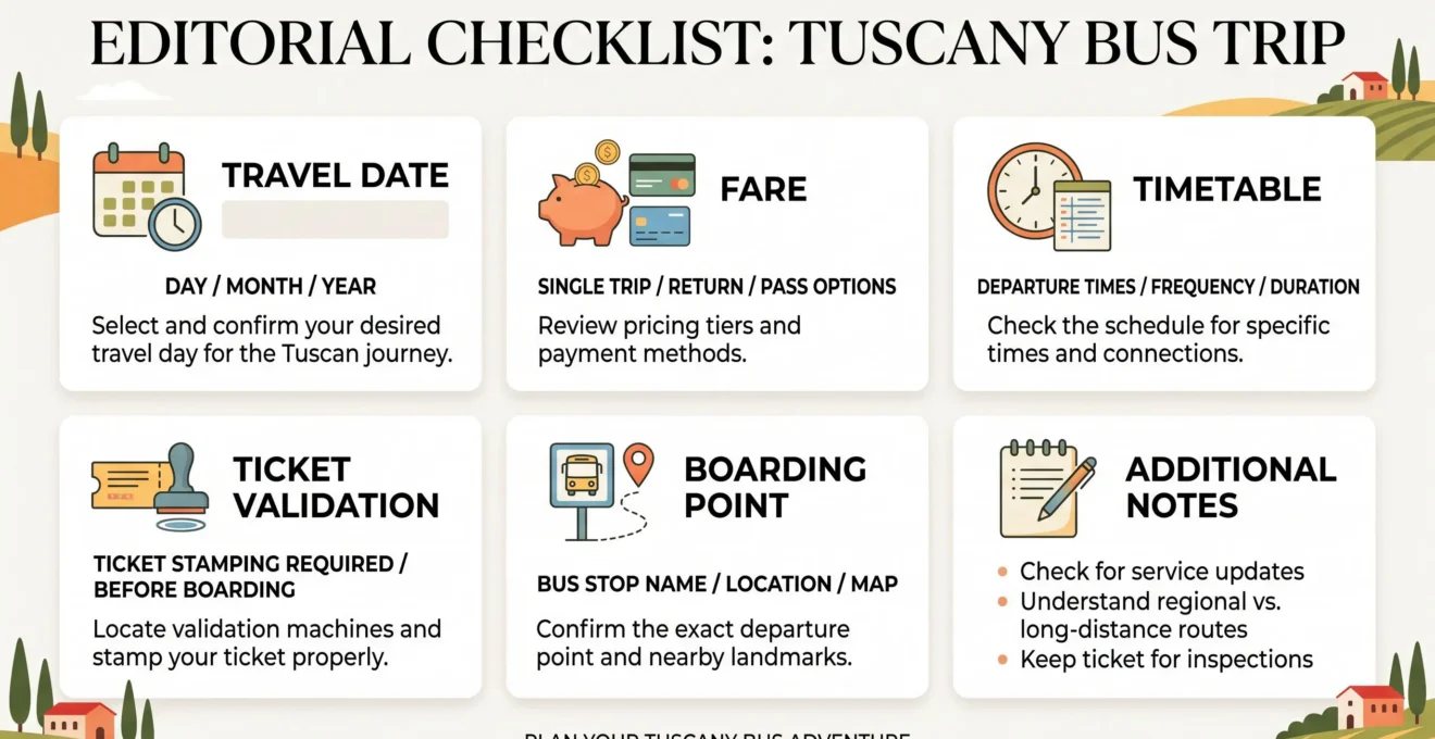 Checklist for checking Tuscany bus fares, dates and departure times before travel