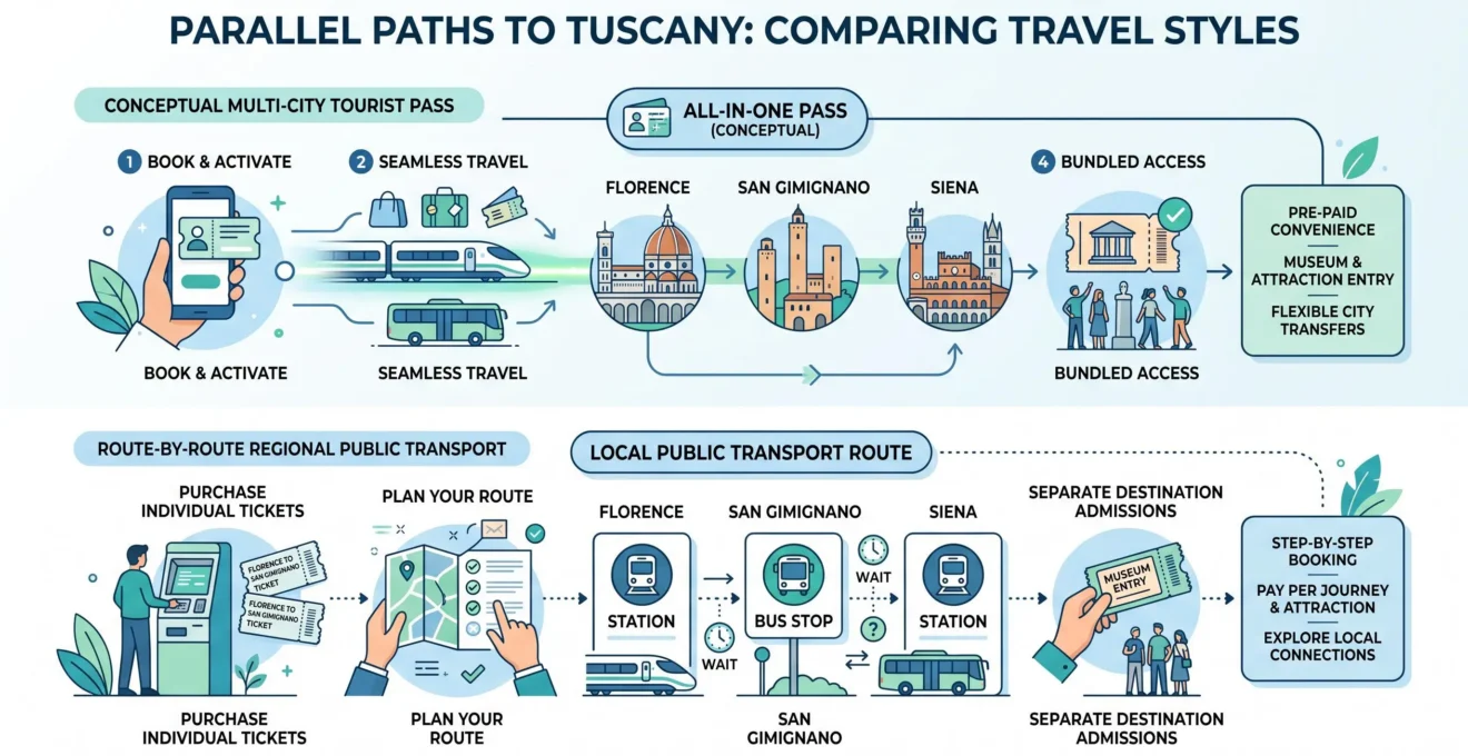 Diagram comparing a Tuscany tourist bus pass with route-specific public bus tickets