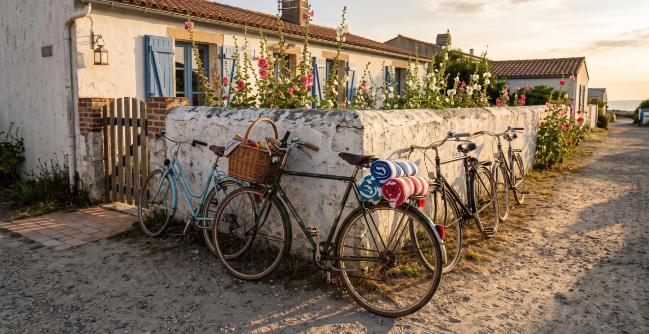 Bicycles loaded with towels parked by a whitewashed villa wall at sunset.