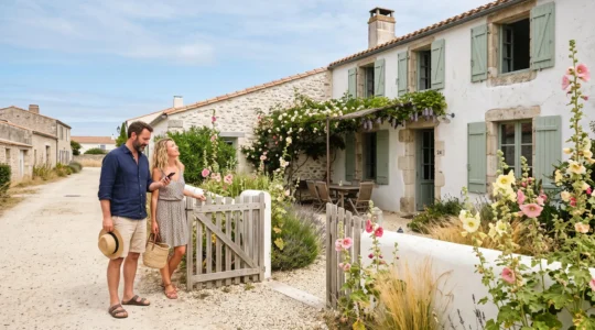 A couple arriving at the gate of a whitewashed holiday villa on Île de Ré in summer, checking the property on arrival.