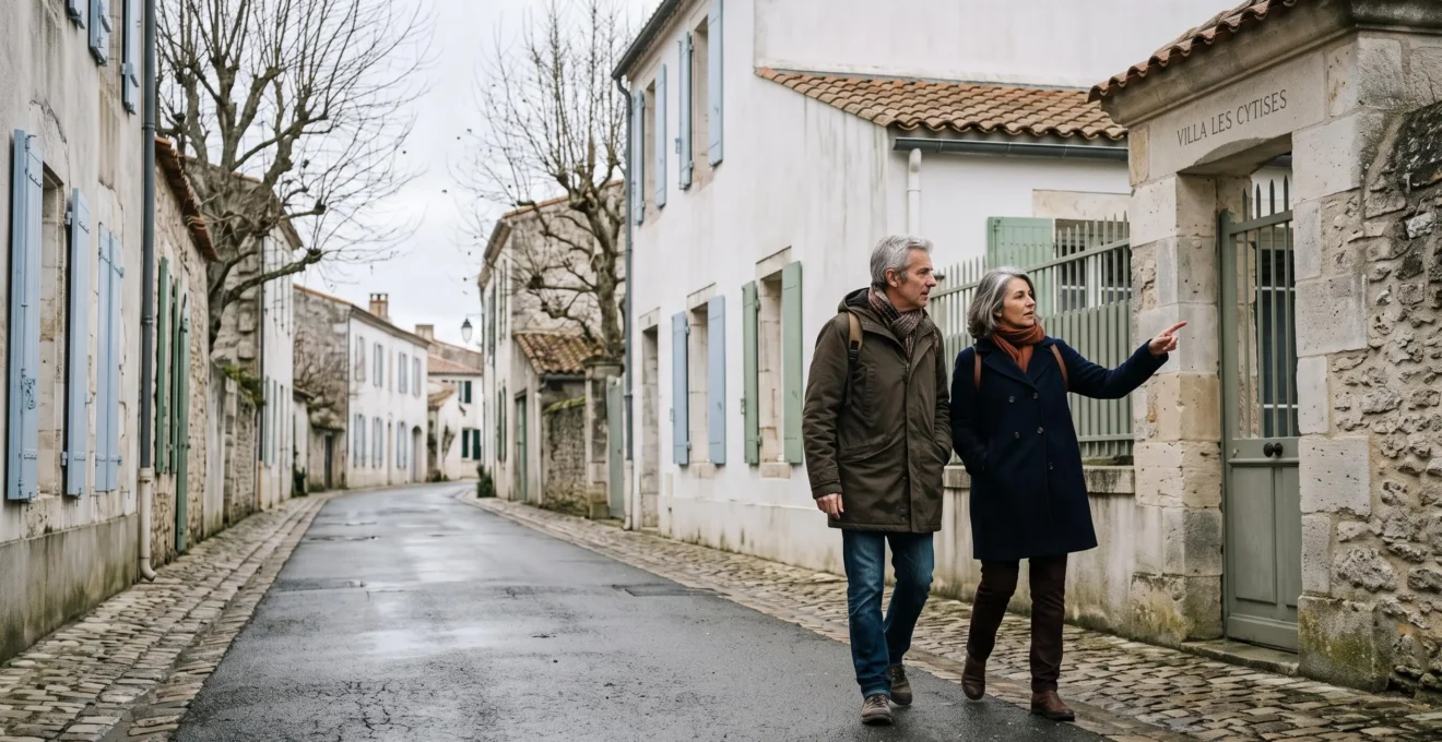 Two people walking through a quiet empty village street on Île de Ré in the off-season, discussing holiday accommodation options.