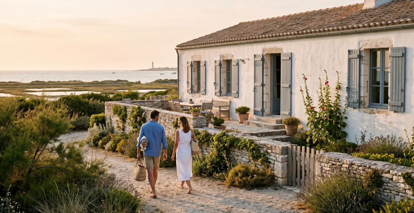 Couple walking toward the terrace of a whitewashed luxury villa on Île de Ré.