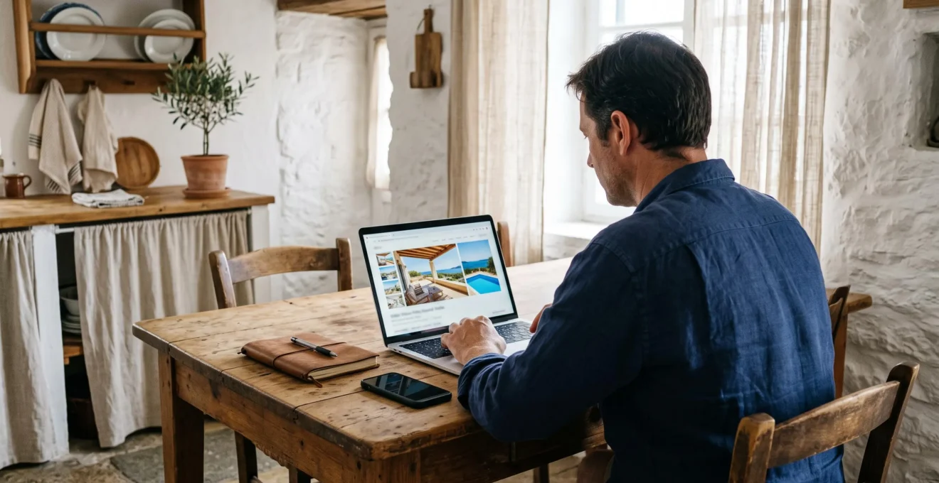 Man comparing villa rental listings on a laptop in a bright cottage kitchen.