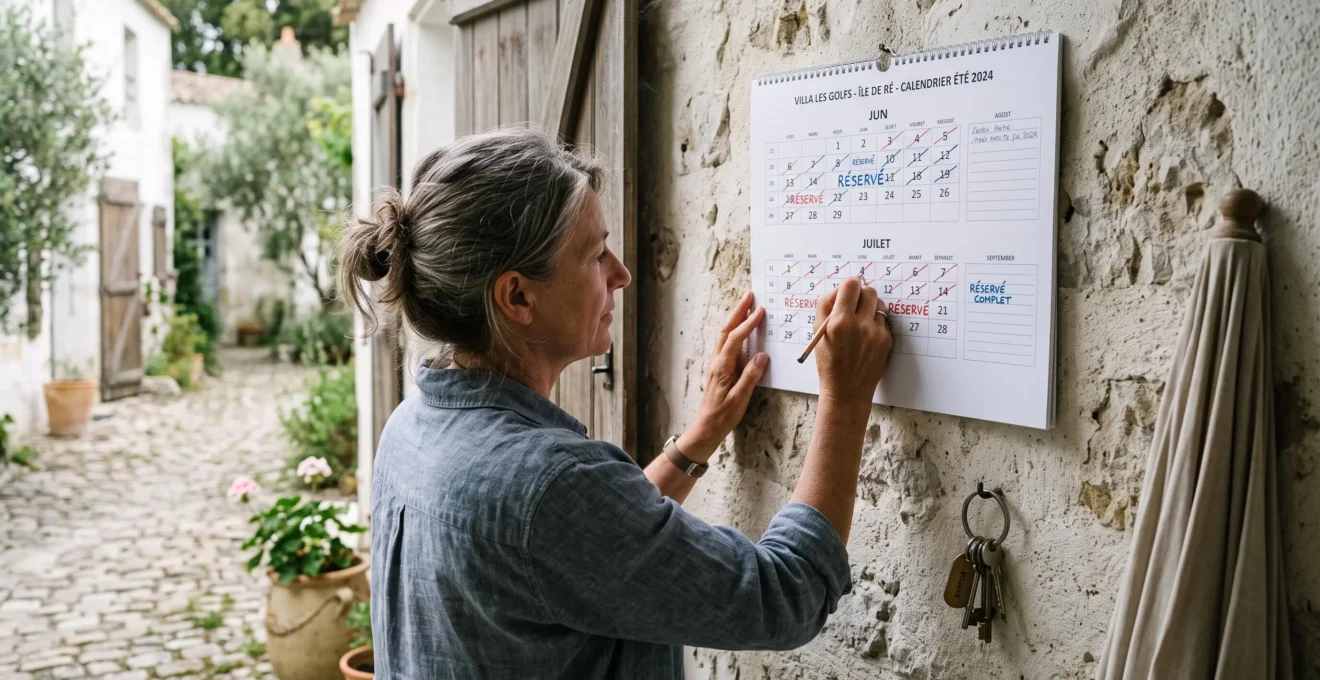 A villa owner marking booked summer dates on a wall calendar in the courtyard of a Île de Ré rental house.